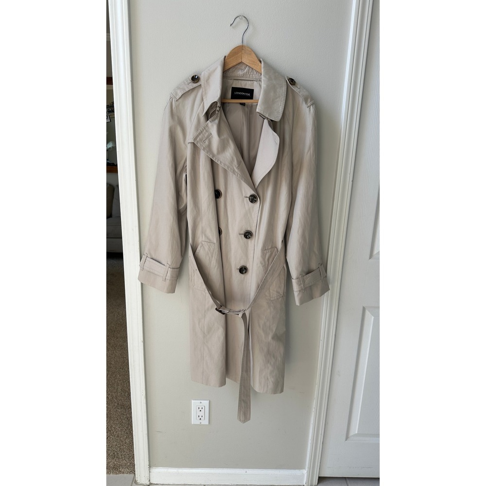 London Fog Womens XL Khaki Beige Double Breasted Belted Trench Coat